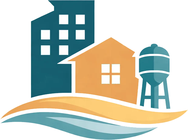 Illustration of a city block, home and water tower above flowing water